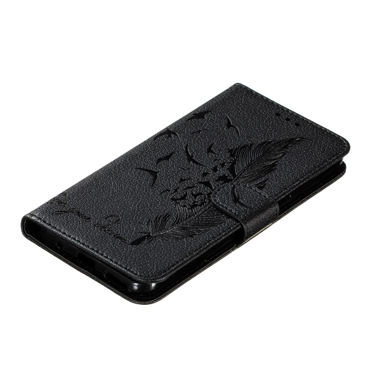 Litchi Design Imprint Feather Leather Phone Case with Wallet Stand for 	Nokia 7.2 - Black-5