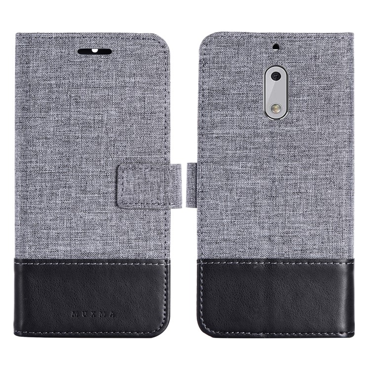 MUXMA Leather Canvas Splicing Stand Mobile Phone Case for Nokia 6 - Black-1