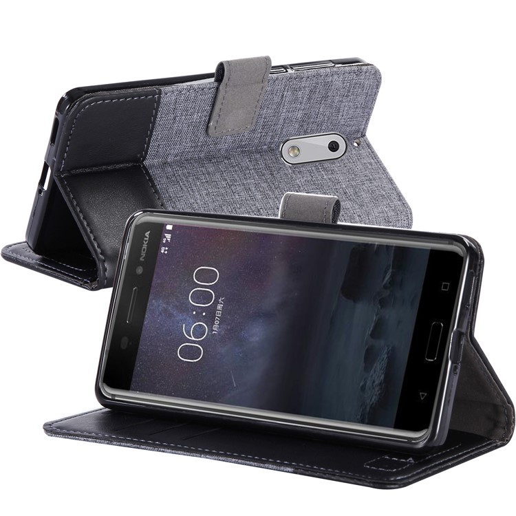 MUXMA Leather Canvas Splicing Stand Mobile Phone Case for Nokia 6 - Black-10