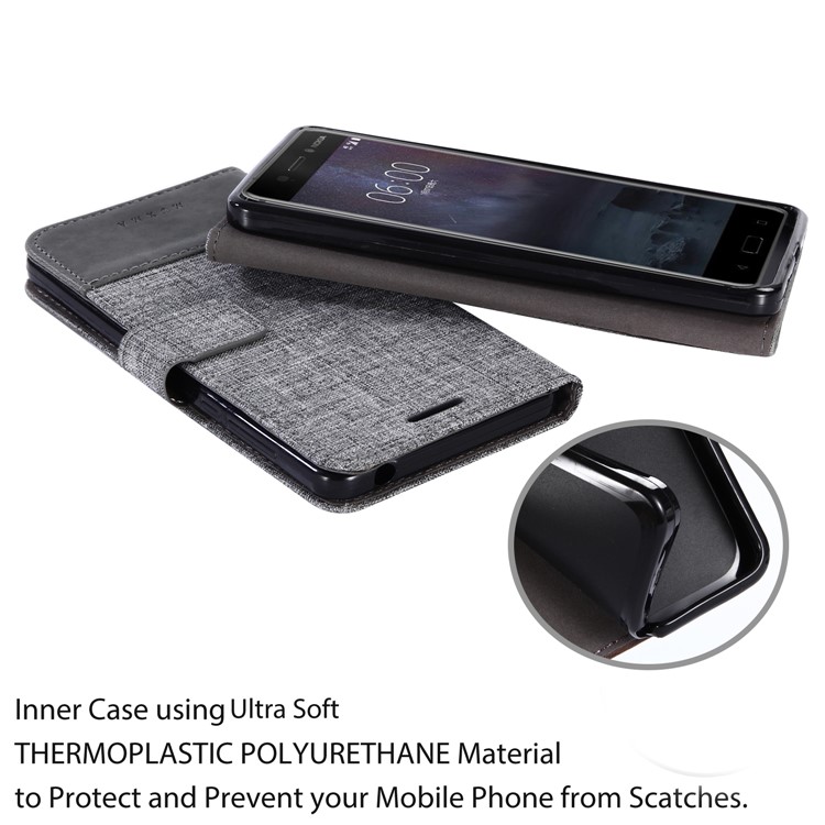 MUXMA Leather Canvas Splicing Stand Mobile Phone Case for Nokia 6 - Black-12