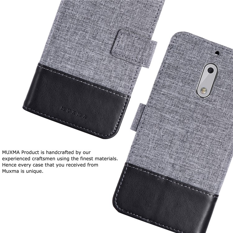 MUXMA Leather Canvas Splicing Stand Mobile Phone Case for Nokia 6 - Black-8