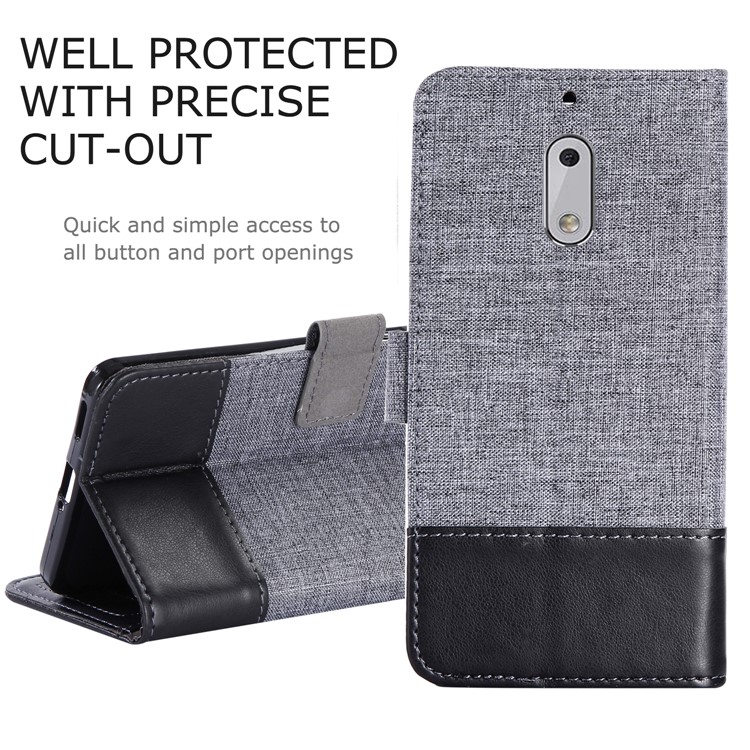 MUXMA Leather Canvas Splicing Stand Mobile Phone Case for Nokia 6 - Black-9
