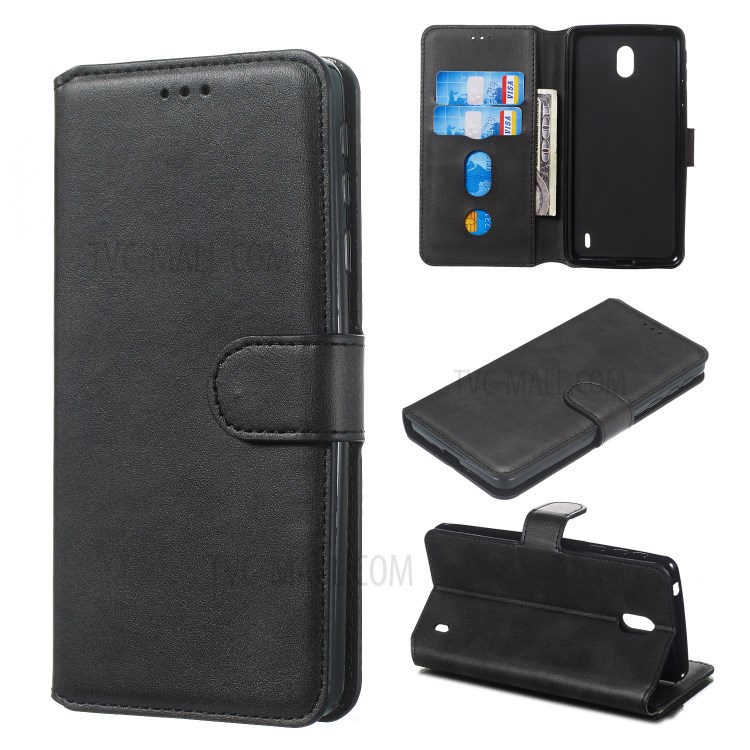 For Nokia 1 Plus Solid Color Wallet Magnetic Leather Cover Shell - Black-1