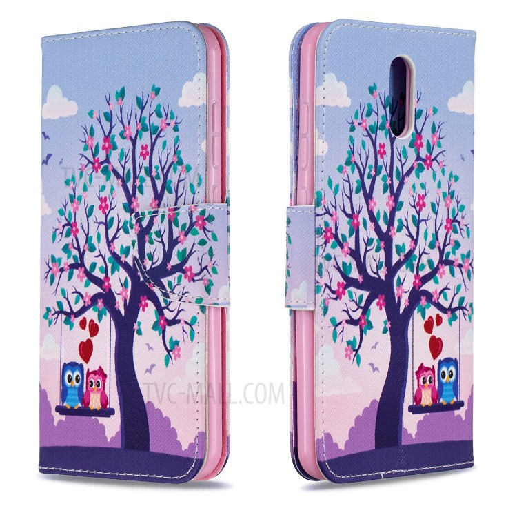 Printing Surface with Wallet Leather Shell for Nokia 2.3 - Tree and Couple Owls-2