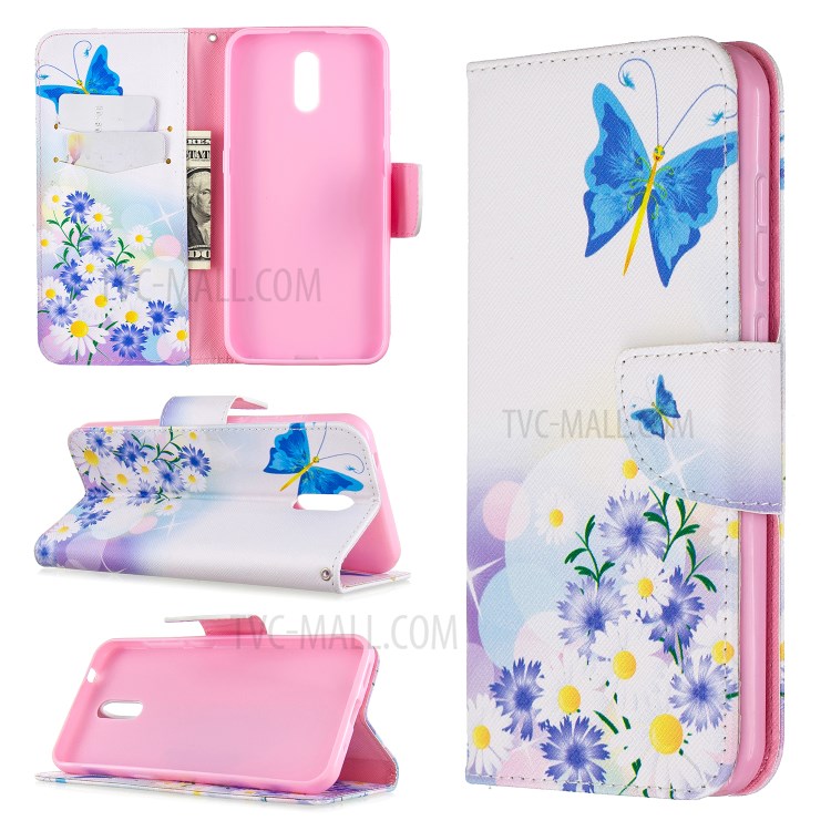 Pattern Printing Leather Wallet Phone Cover Case for Nokia 2.3 - Blue Butterflies-1