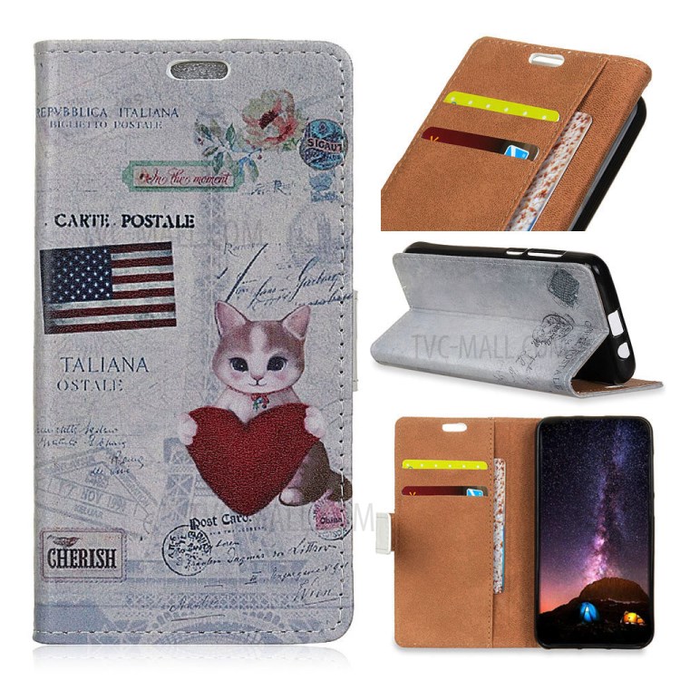 Pattern Printing Wallet Leather Flip Phone Shell for Nokia 5.3 - US Flag and Cat Holding Heart-1