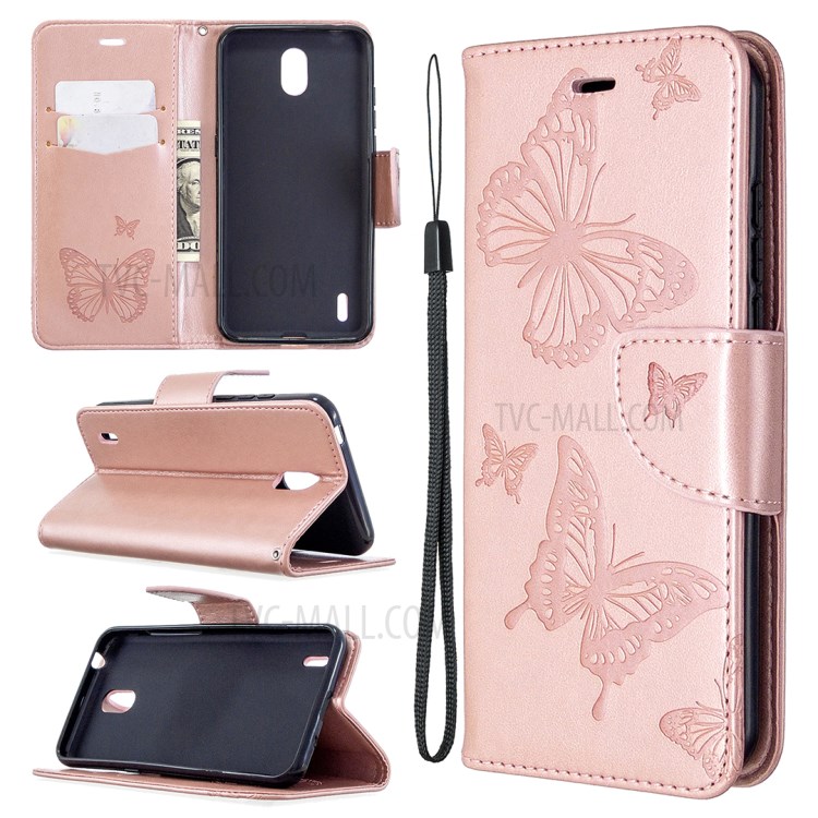 Imprint Butterfly Wallet Leather Stand Case for Nokia 1.3 - Rose Gold-1