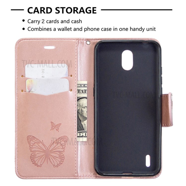 Imprint Butterfly Wallet Leather Stand Case for Nokia 1.3 - Rose Gold-3