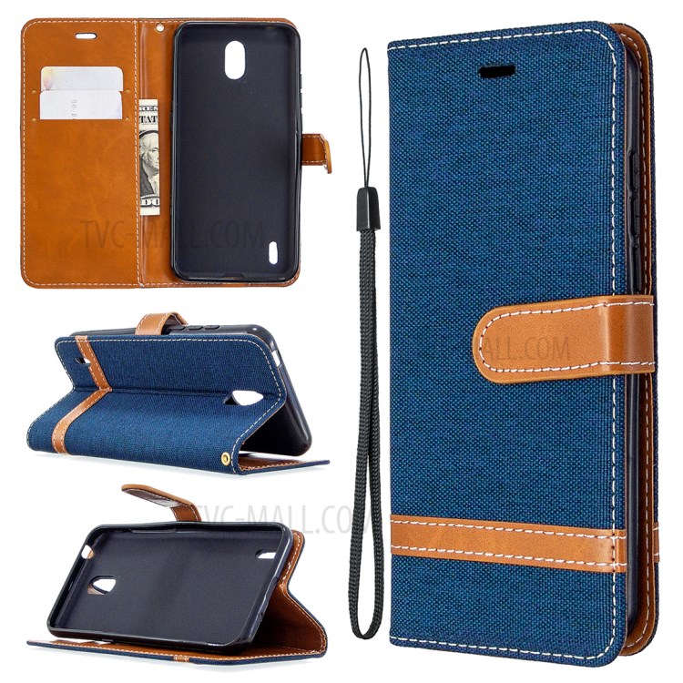 Bi-color Jeans Cloth Leather Wallet Case Shell for Nokia 1.3 - Dark Blue-1