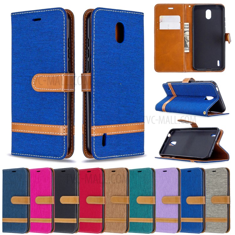 Bi-color Jeans Cloth Leather Wallet Case Shell for Nokia 1.3 - Dark Blue-9