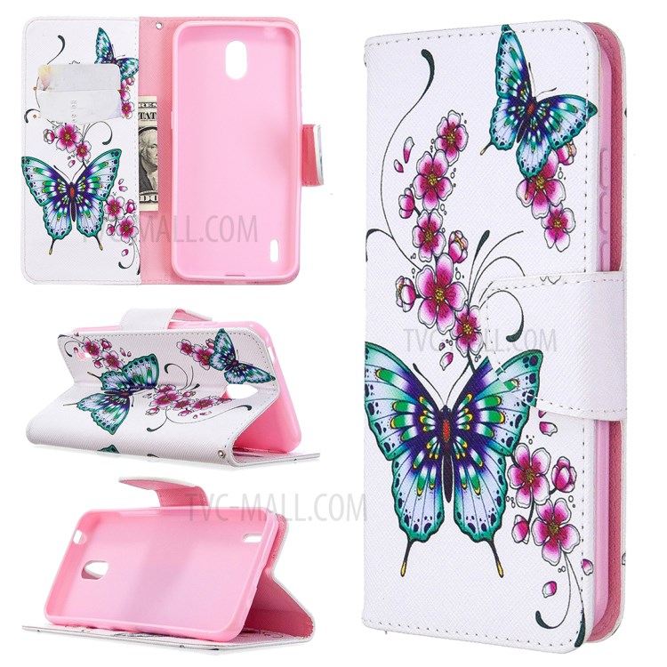 Impressão Padrão De Capa De Couro Estande Carteira Para Nokia 1.3 - Borboleta E Flor-1