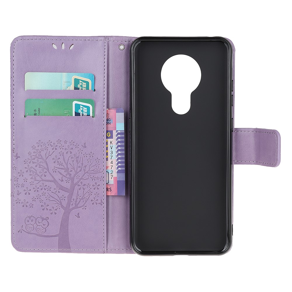 Imprint Tree Owl Leather with Wallet Flip Cover for Nokia 5.3 - Light Purple-5