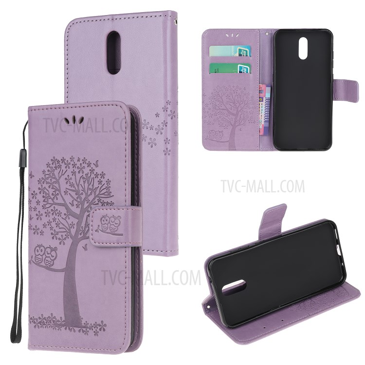 Couro Coruja Árvore Imprint Com Shell Telefone Celular Carteira Para Nokia 2.3 - Luz Roxa-1