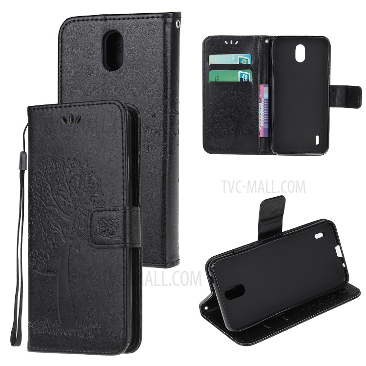 Imprint Tree Owl Leather Stylish Wallet Case for Nokia 1.3 - Black-1