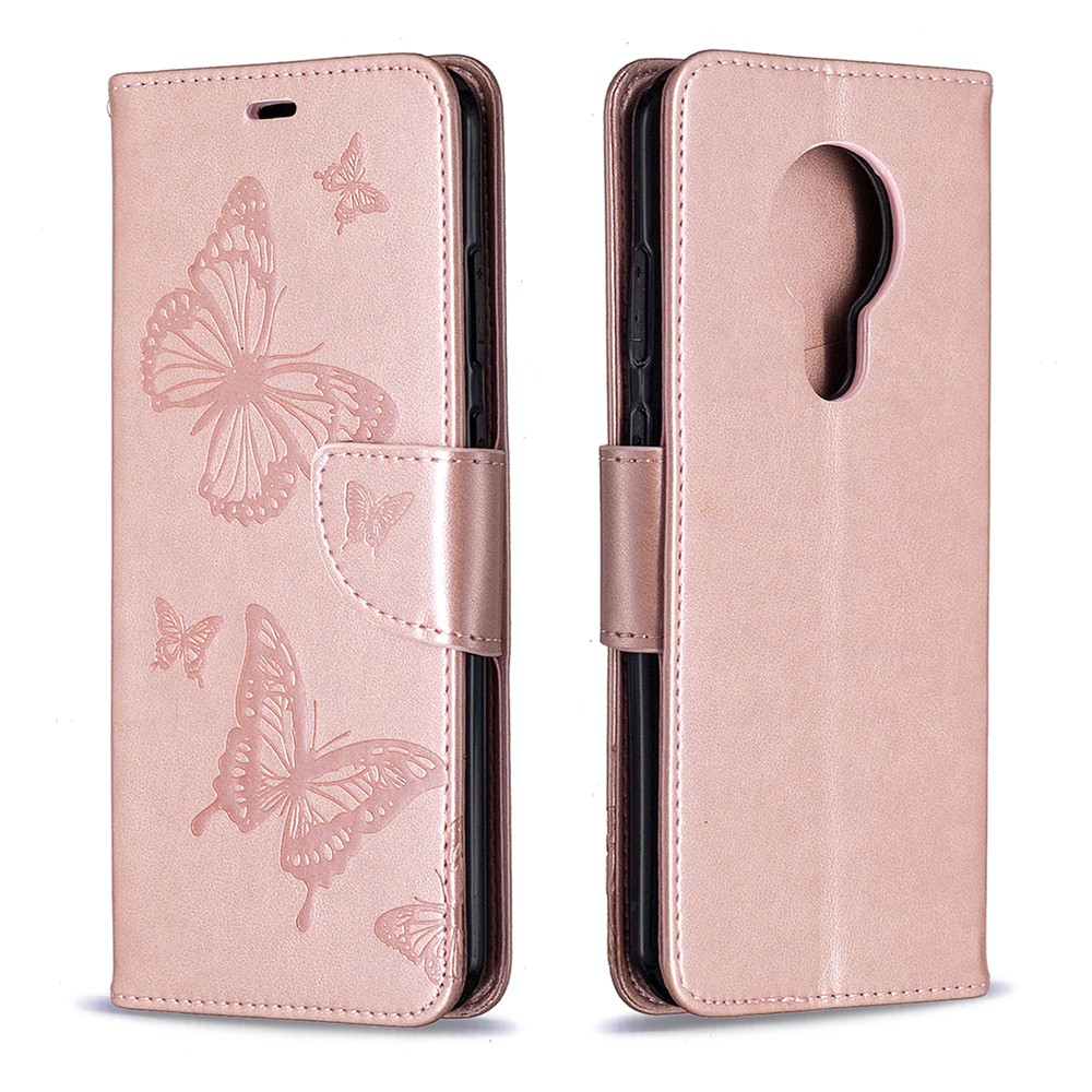 Imprint Butterflies Wallet Stand Flip Leather Shell for Nokia 5.3 - Rose Gold-4