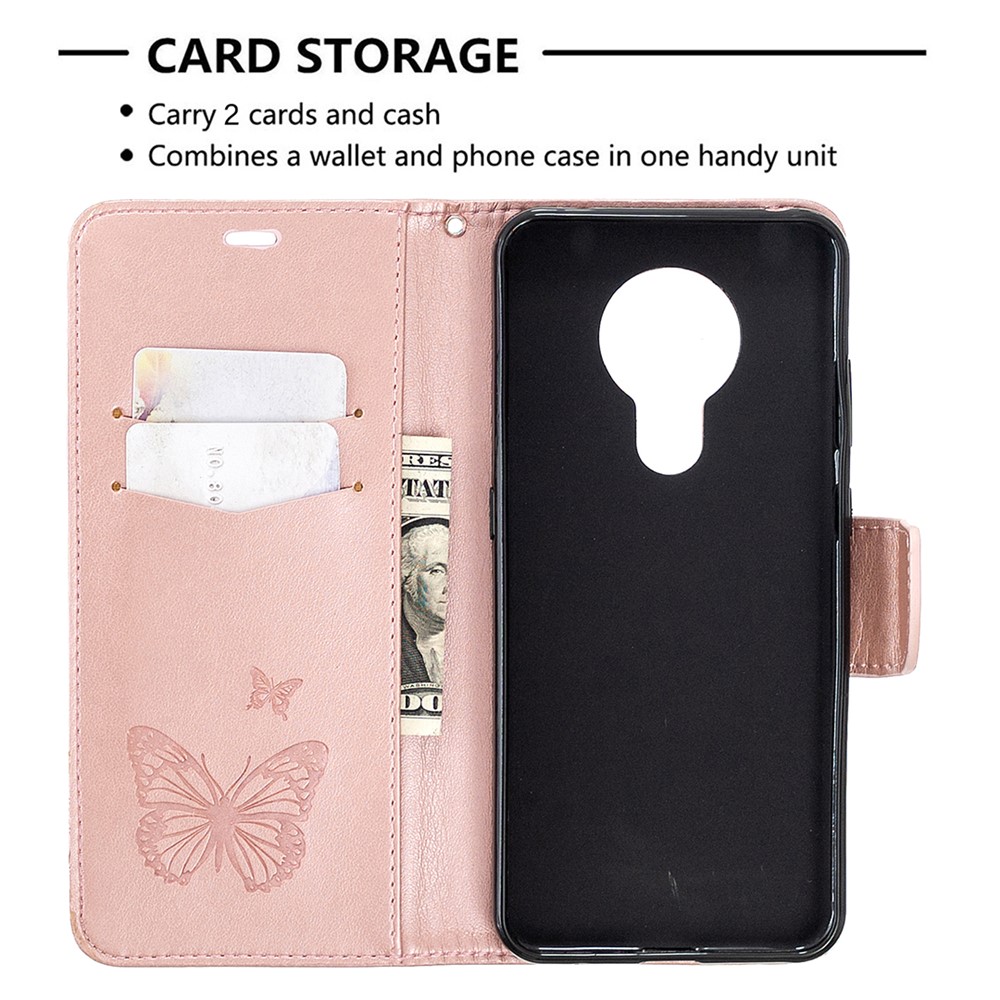 Imprint Butterflies Wallet Stand Flip Leather Shell for Nokia 5.3 - Rose Gold-6