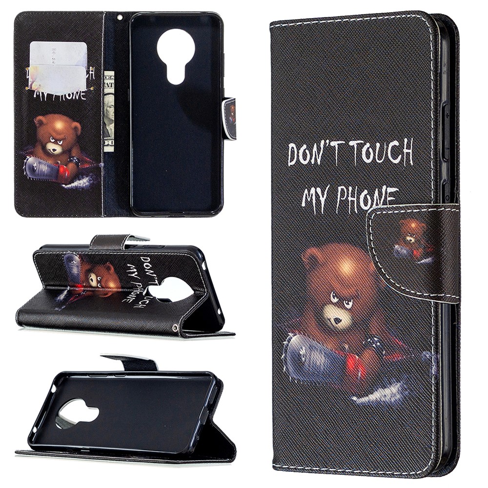 Pattern Printing PU Leather Wallet Case for Nokia 5.3 - Brown Bear and Warning Words-1