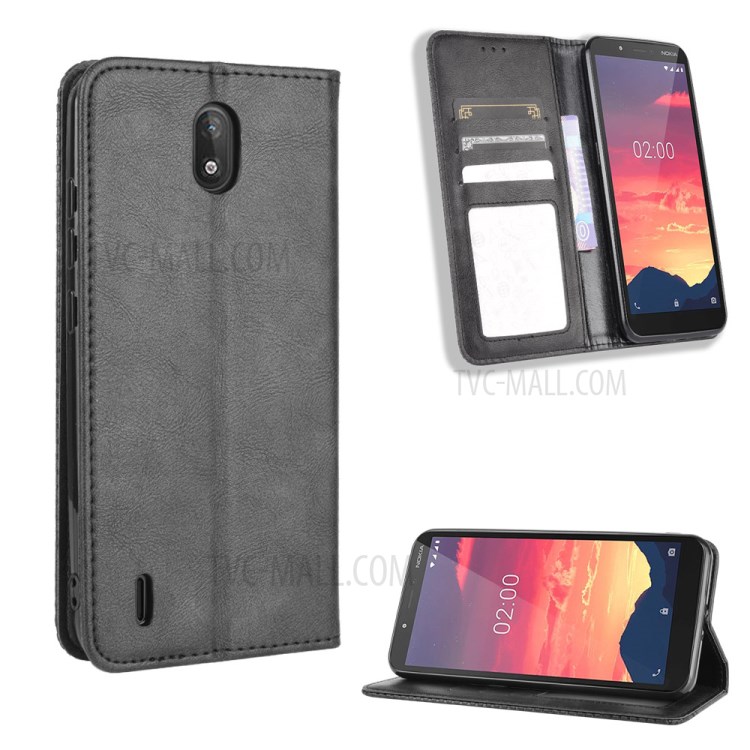 Auto-absorbed Retro PU Leather with Wallet Cell Phone Cover for Nokia C2 - Black-1