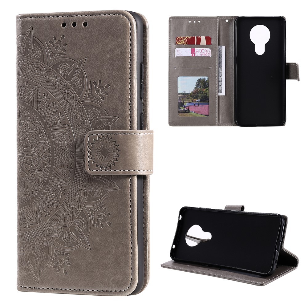 Imprinted Mandala Flower with Wallet Leather Cover with Strap for Nokia 5.3 - Grey-8