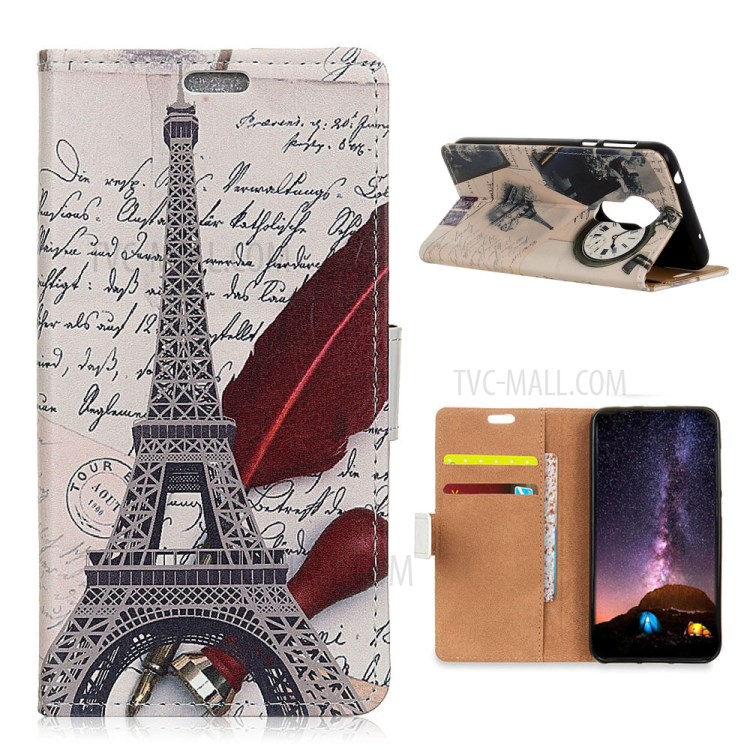 Pattern Printing Leather Wallet Stand Case for Nokia 3.4 - Eiffel Tower and Characters-1