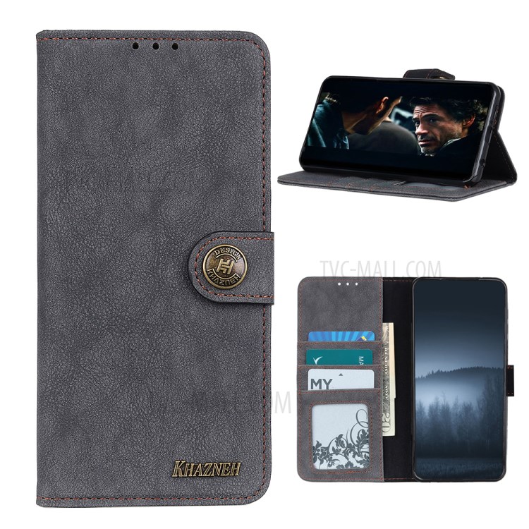KHAZNEH Retro Split Leather Shell Wallet Stand Case Accessory for Nokia 3.4 - Black-1
