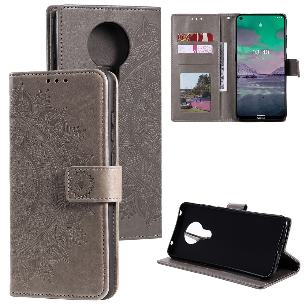 Imprint Flower Leather Wallet Stand Case for Nokia 3.4 - Grey-1