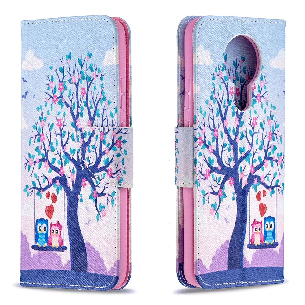 Pattern Printing Wallet Stand Flip Leather Case for Nokia 3.4 Phone Shell - Couple Owls and Tree-4