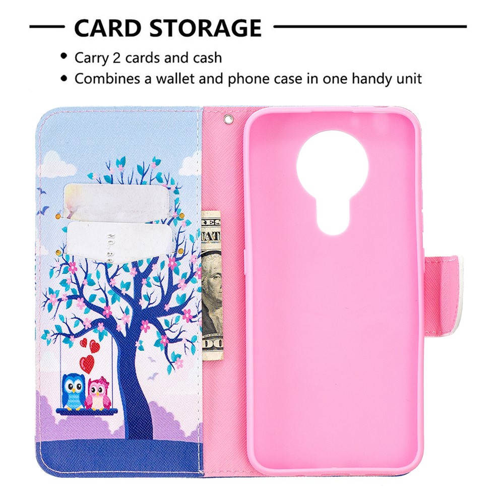 Pattern Printing Wallet Stand Flip Leather Case for Nokia 3.4 Phone Shell - Couple Owls and Tree-6