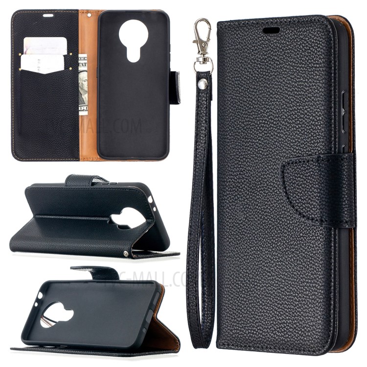 Litchi Texture Wallet Stand Leather Cover with Lanyard for Nokia 3.4 - Black-1