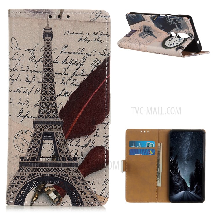 Wallet Stand Leather Cover with Pattern Printing for Nokia 2.4 - Effel Tower and Quill-pen-1