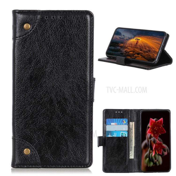 Nappa Texture Leather Phone Cover Shell with Brass Buckle for Nokia 2.4 - Black-1