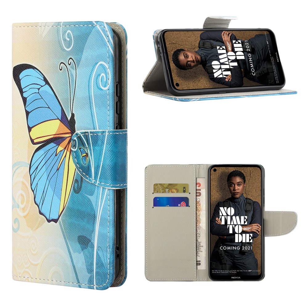 Cross Texture Leather Wallet Stand Protective Case with Pattern Printing for Nokia 3.4 - Blue Butterfly-1