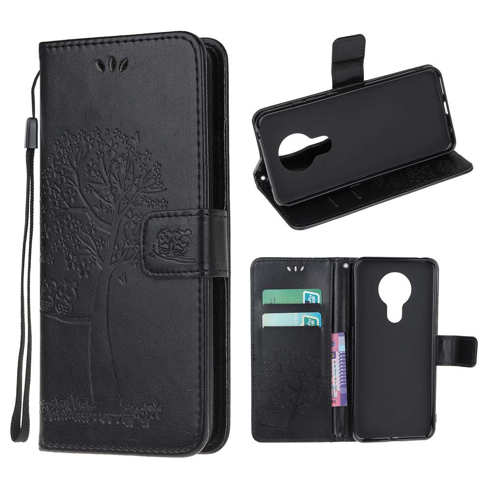 Imprint Tree Owl Stand Wallet Leather Cover for Nokia 3.4 - Black-1