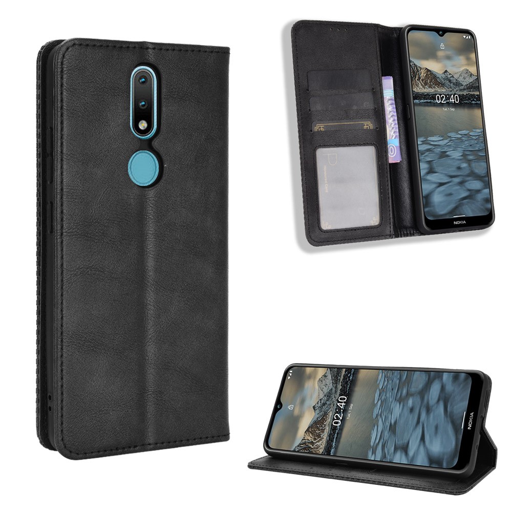 Magnetic Vintage Style Phone Case Wallet Stand Leather Cover for Nokia 2.4 - Black-1