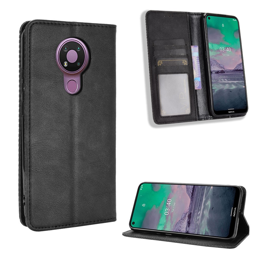 Magnetic Vintage Style Phone Case Wallet Stand Leather Cover for Nokia 3.4 - Black-1
