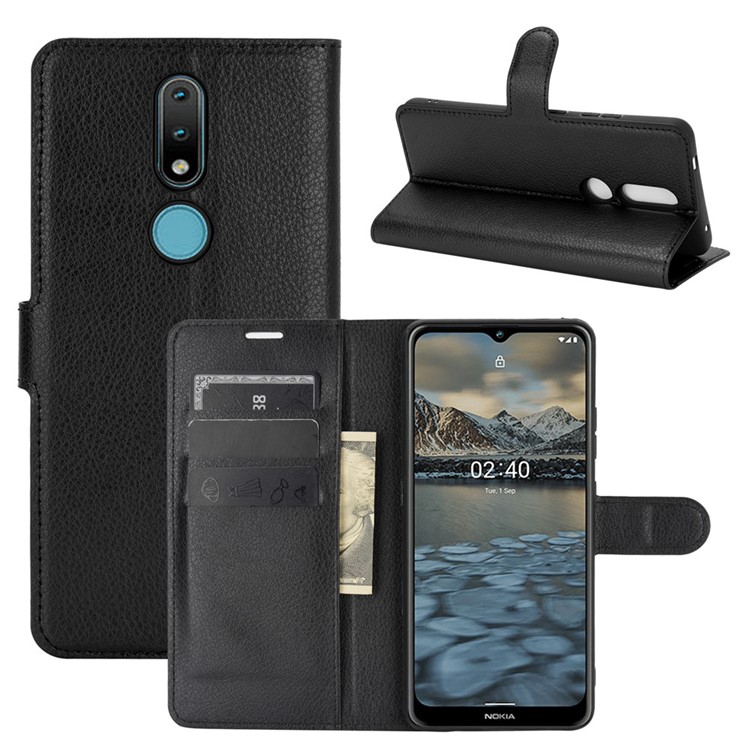 Litchi Texture Phone Protective Shell with Wallet and Stand for Nokia 2.4 - Black-1