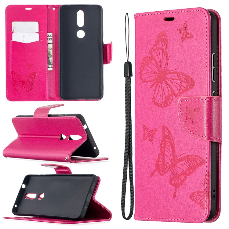 Imprint Butterflies Pattern Wallet Stand Leather Cover for Nokia 2.4 - Rose-1