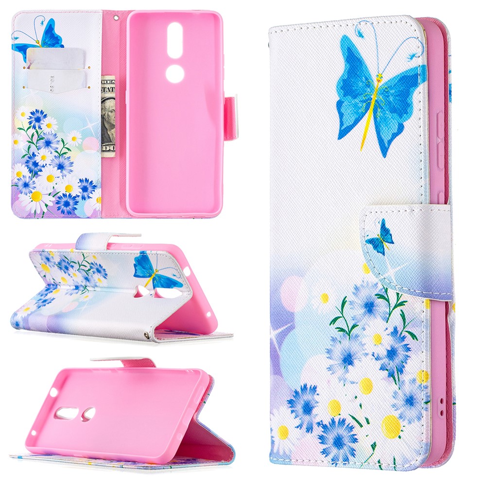 Pattern Printing Leather Wallet Stand Protective Shell for Nokia 2.4 - Butterfly and Flower-1