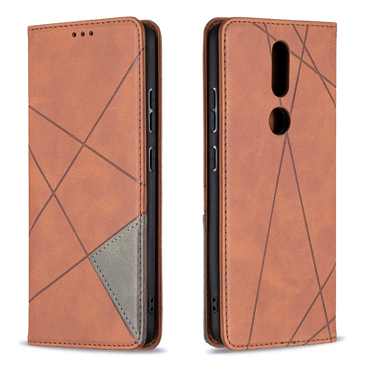 Estuche Para la Tarjeta de Cuero de Stand de Patrón Geométrico Para la Cubierta Del Teléfono Nokia 2.4 - Marrón