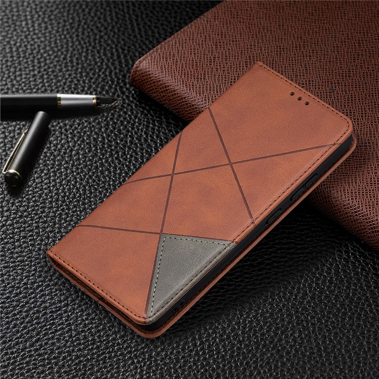 Estuche Para la Tarjeta de Cuero de Stand de Patrón Geométrico Para la Cubierta Del Teléfono Nokia 2.4 - Marrón