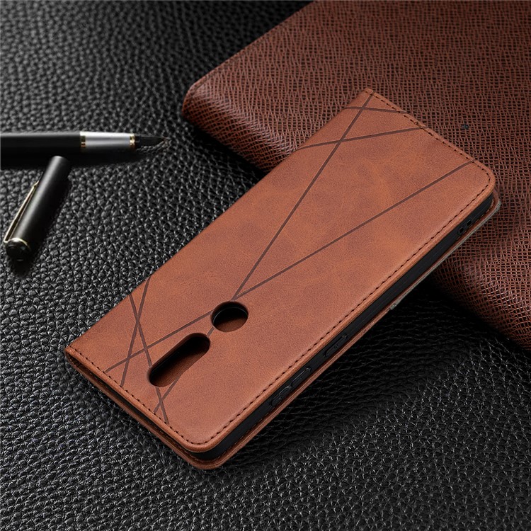 Estuche Para la Tarjeta de Cuero de Stand de Patrón Geométrico Para la Cubierta Del Teléfono Nokia 2.4 - Marrón