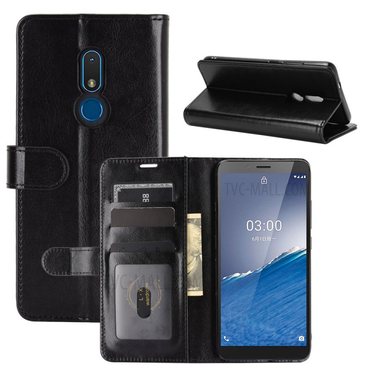 Crazy Horse Texture Leather Cover for Nokia C3 Stand Wallet Case - Black-1