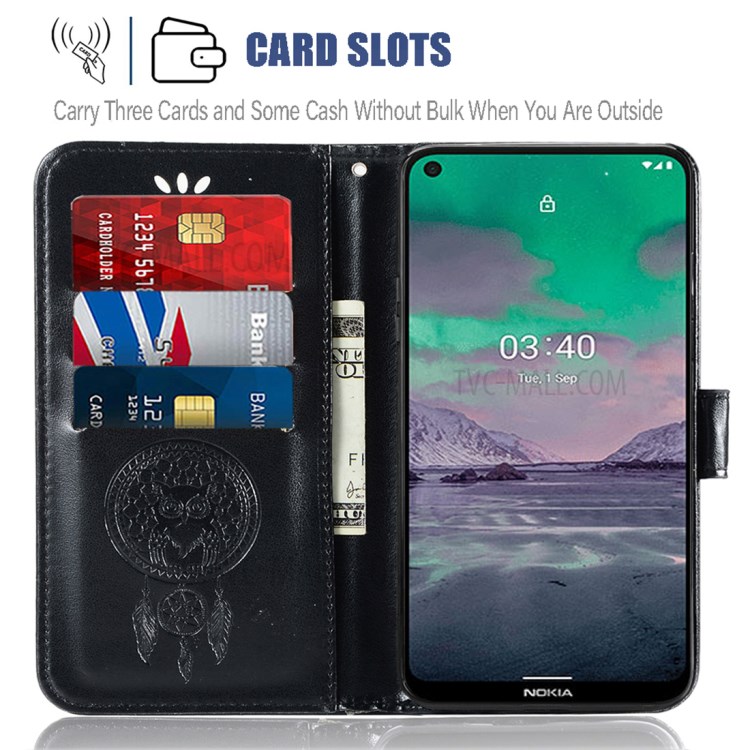 Owl and Dream Catcher Imprinting Leather Wallet Case for Nokia 3.4 - Black-5