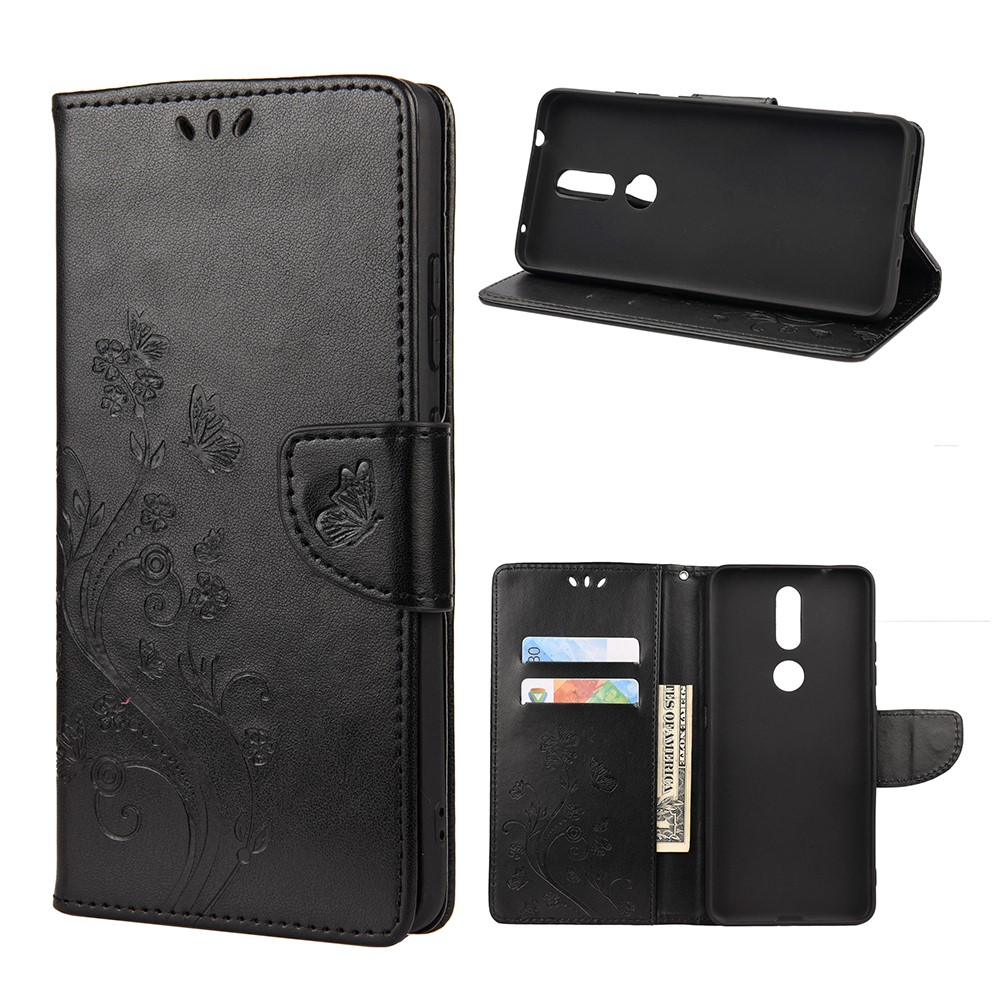 Imprint Butterflyand Flower Pattern Leather Wallet Phone Shell for Nokia 2.4 - Black-1
