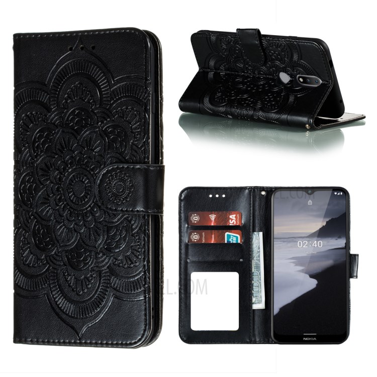 Imprint Mandala Flower Stand Leather Flip Phone Shell for Nokia 2.4 - Black-1