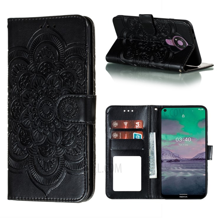Imprint Mandala Flower Stand Leather Flip Phone Case for Nokia 3.4 - Black-1