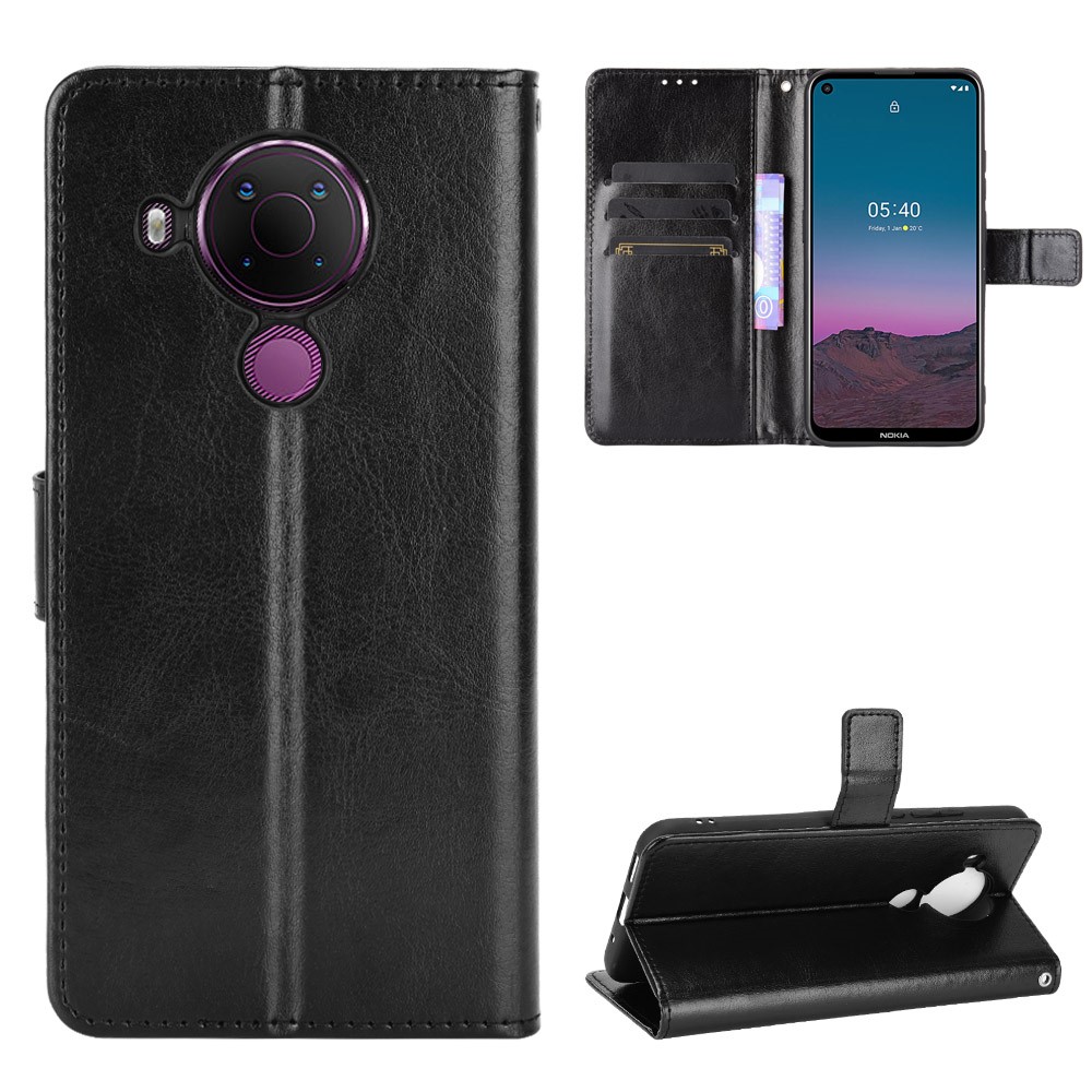 Crazy Horse Skin Leather Phone Wallet Stand Cover Shell with Lanyard for Nokia 5.4 - Black-1