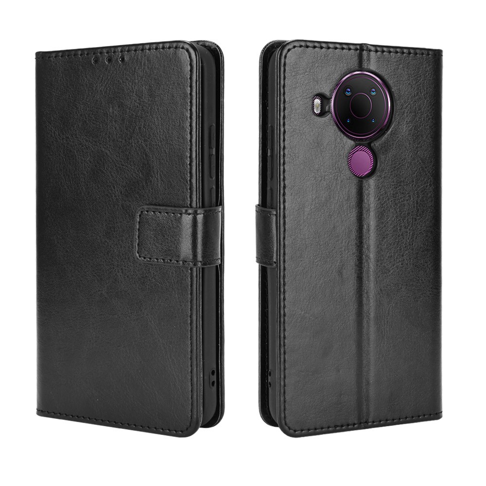 Crazy Horse Skin Leather Phone Wallet Stand Cover Shell with Lanyard for Nokia 5.4 - Black-2