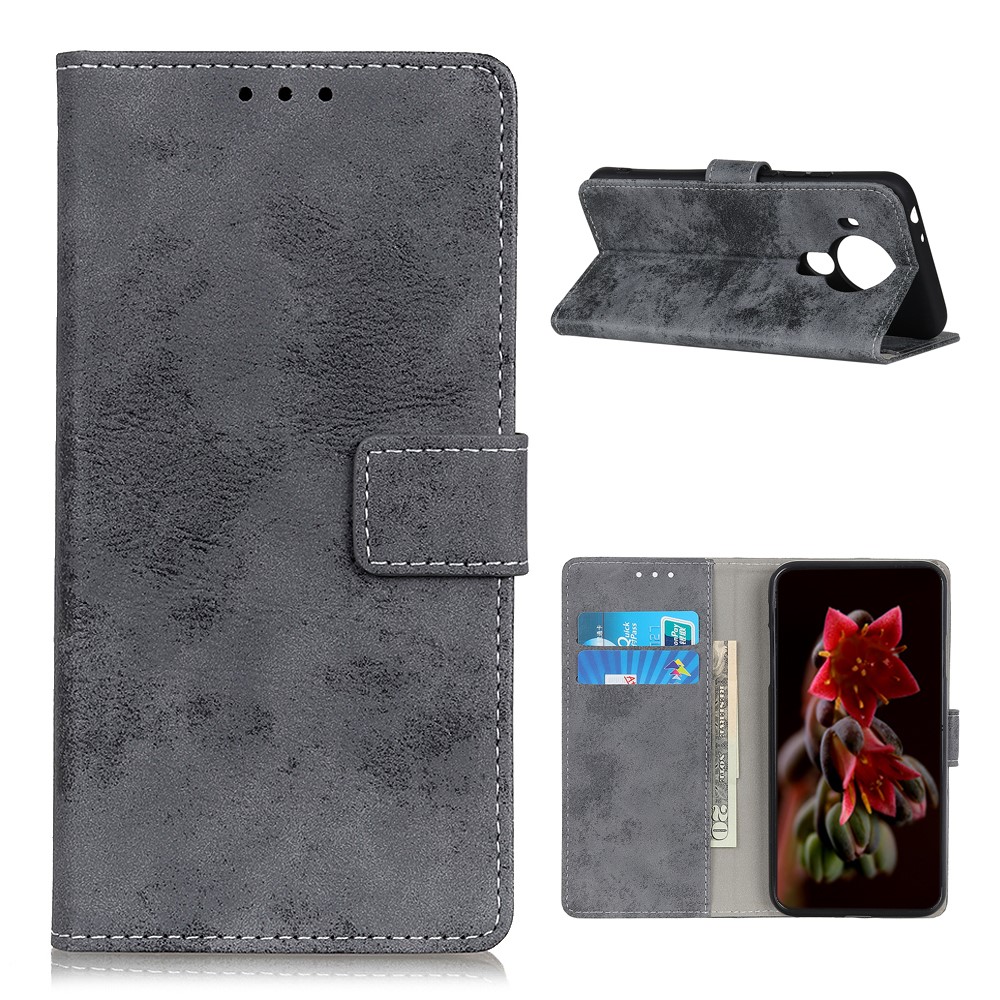 Leather Wallet Phone Protective Case for Nokia 5.4 Retro Style Shell - Grey-1