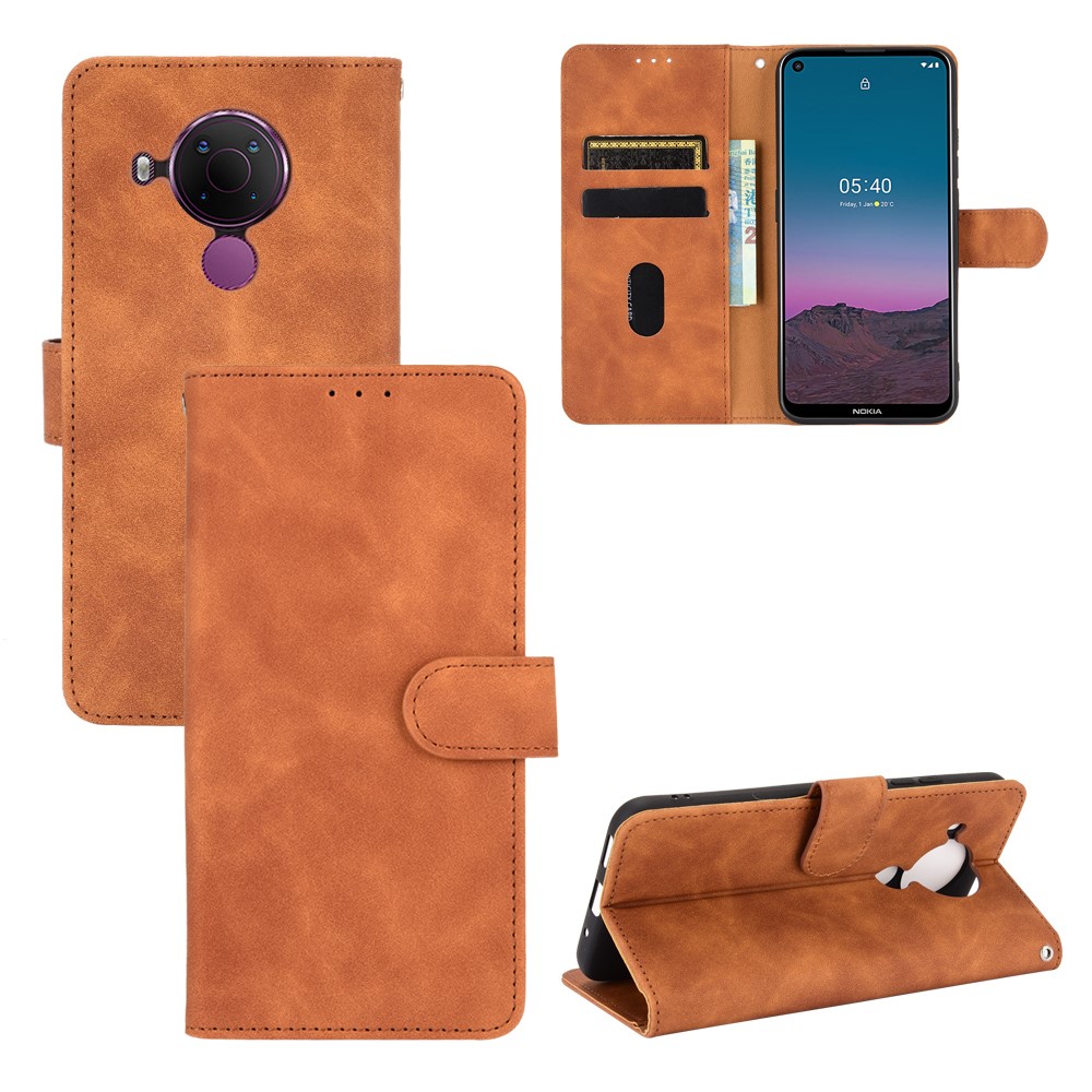Skin-touch Protective Leather Flip Shell for Nokia 5.4 Wallet Stand Cover - Brown-1